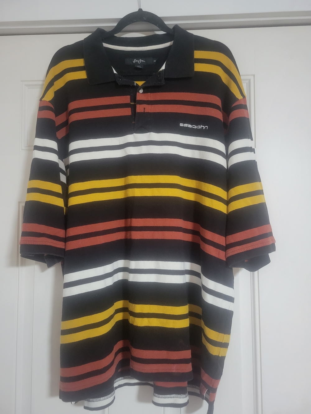 Sean John Striped Polo in Black, Orange & White